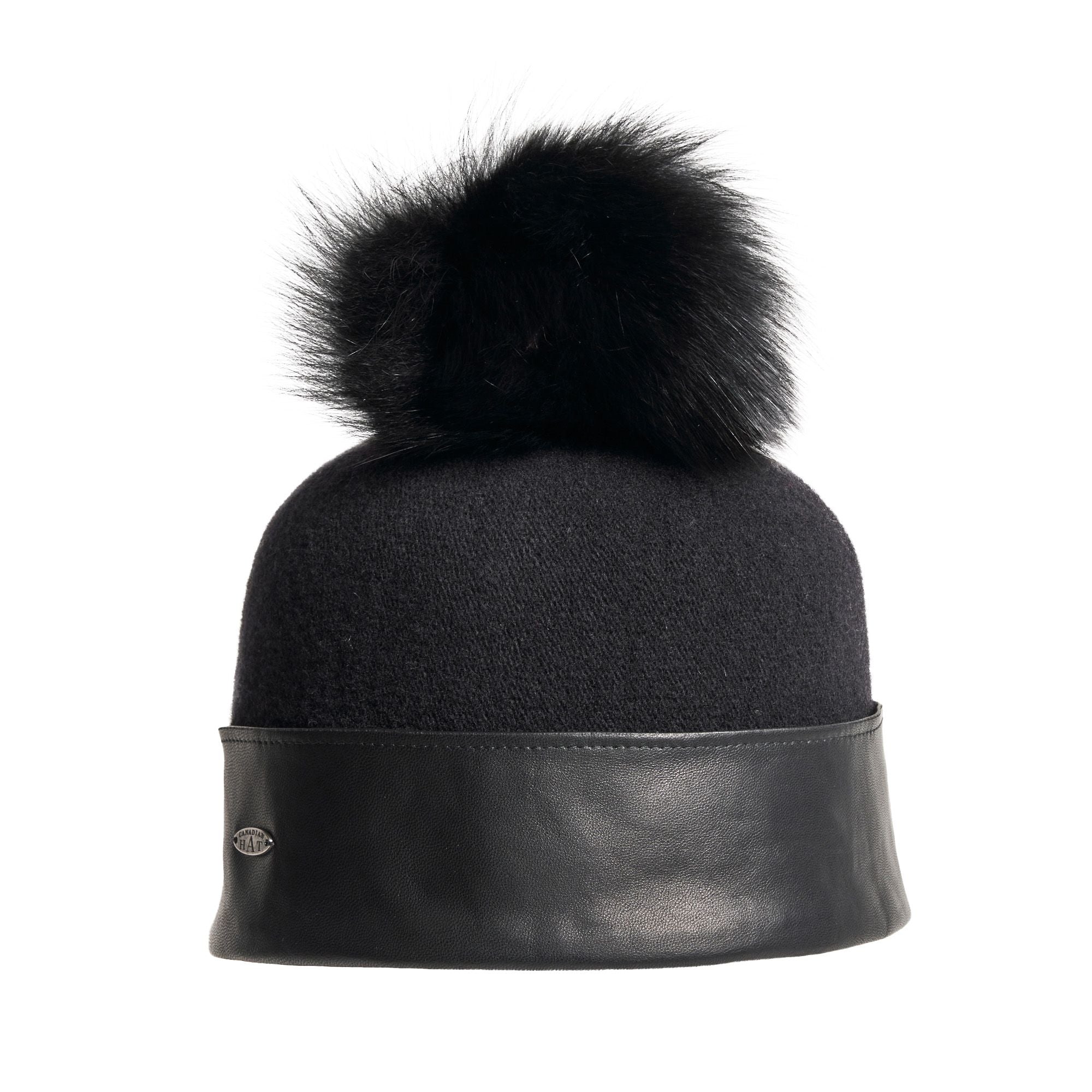 ORLANA P ORMOS BEANIE WITH LEATHER AND UPCYCLED FUR POM Black O S