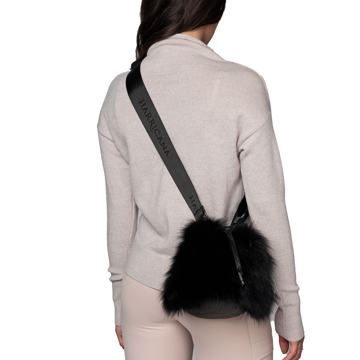 GABBIE F - LEATHER DRAW CORD POUCH BAG W UPCYCLED FUR