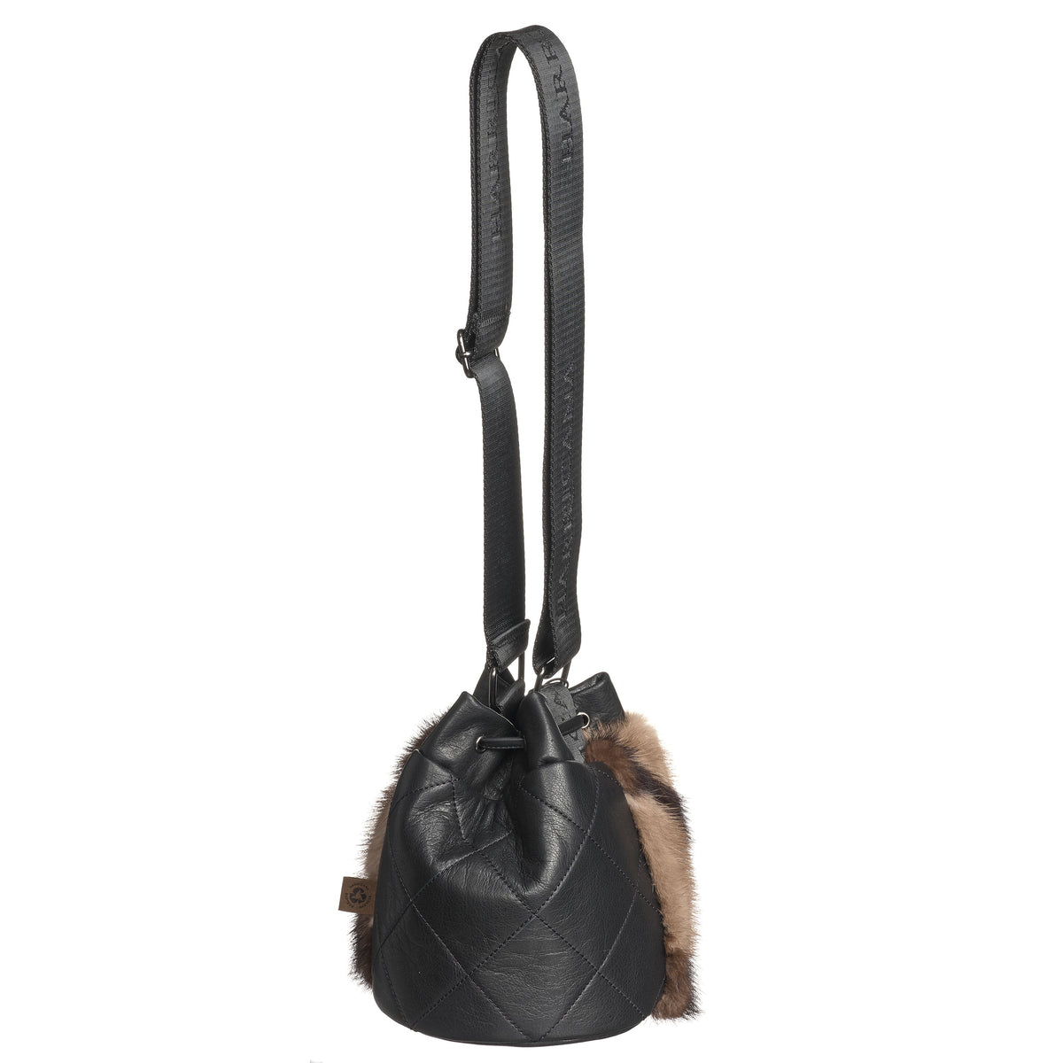 GABBIE F - LEATHER DRAW CORD POUCH BAG W UPCYCLED FUR