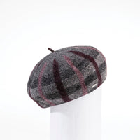 BRIANNA - PLAID BERET HAT GOLF  2600 CHARCOAL-BURGUNDY ADJUSTABLE  