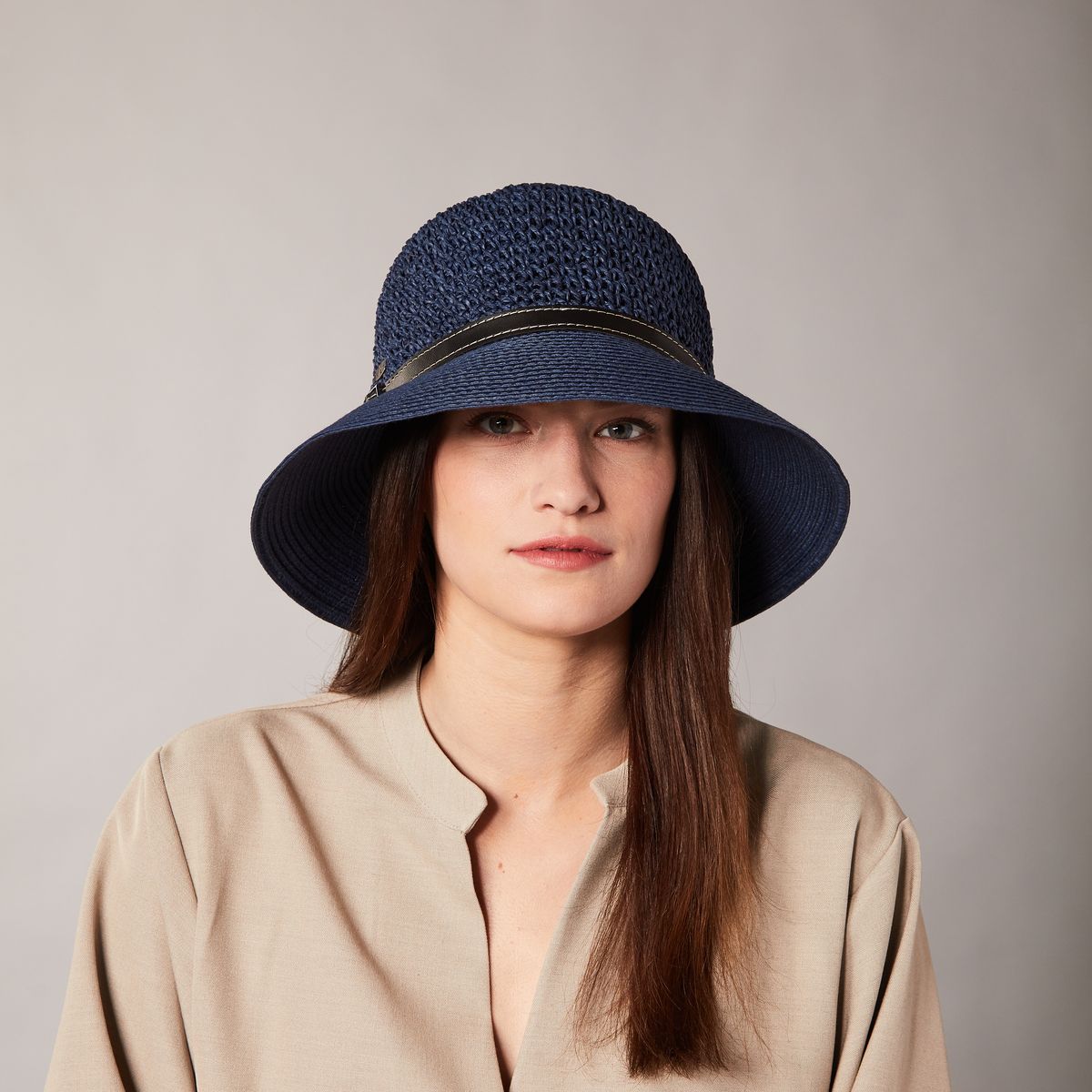 CARLIE LARGE CROCHET CLOCHE HAT WITH LEATHER BAND GREY ADJUSTABLE