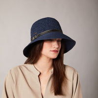 CARLIE LARGE CROCHET CLOCHE HAT WITH LEATHER BAND