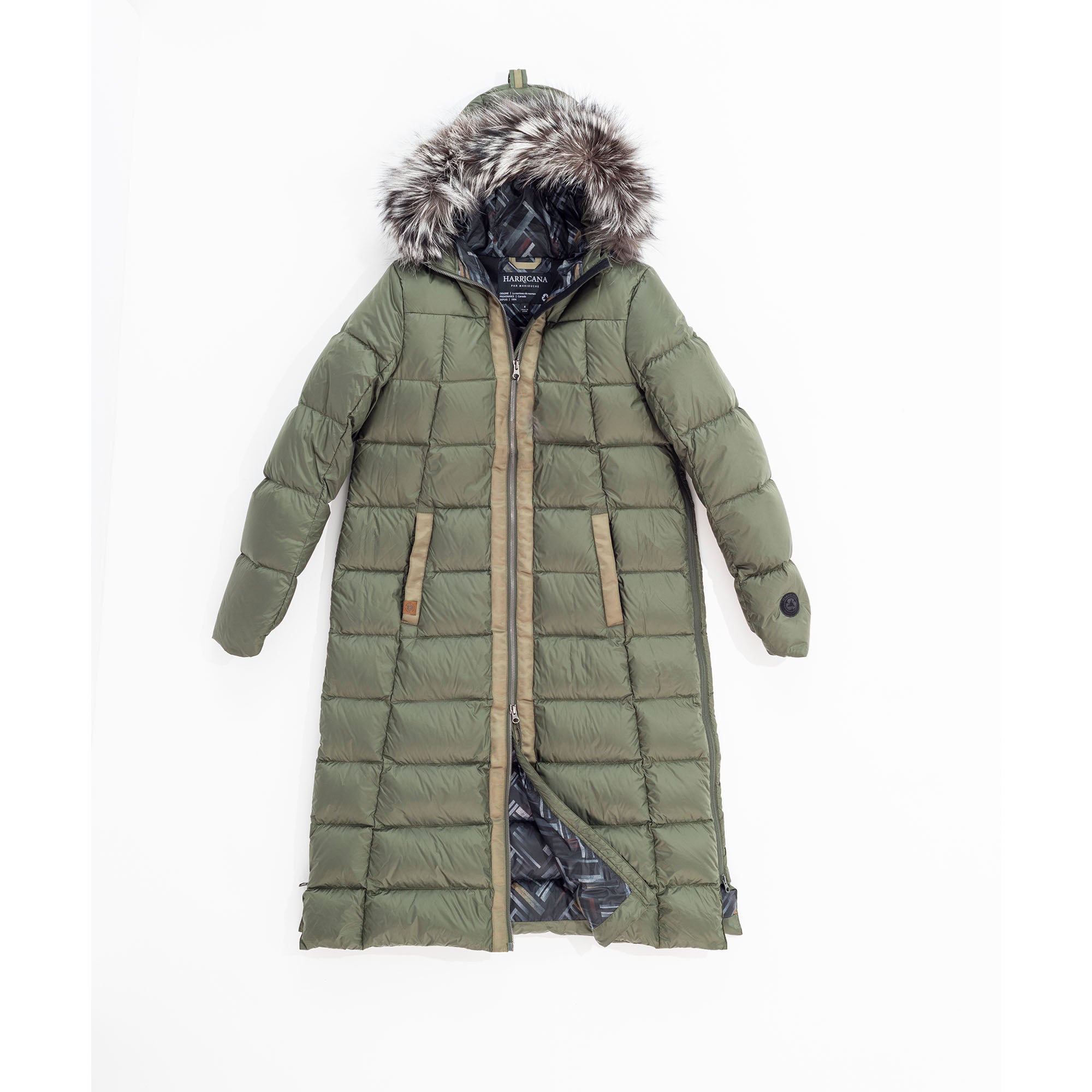Harricana Long A Line Down Coat With Upcycled Fur Women s XL Denim