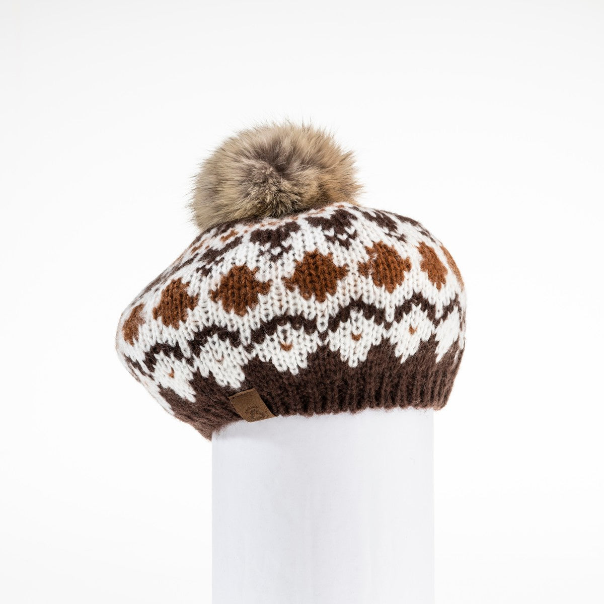 CHUNKY SKI KNIT BERET WITH REUSED FUR POM GOLF  6900 COFFEE MIX O/S  