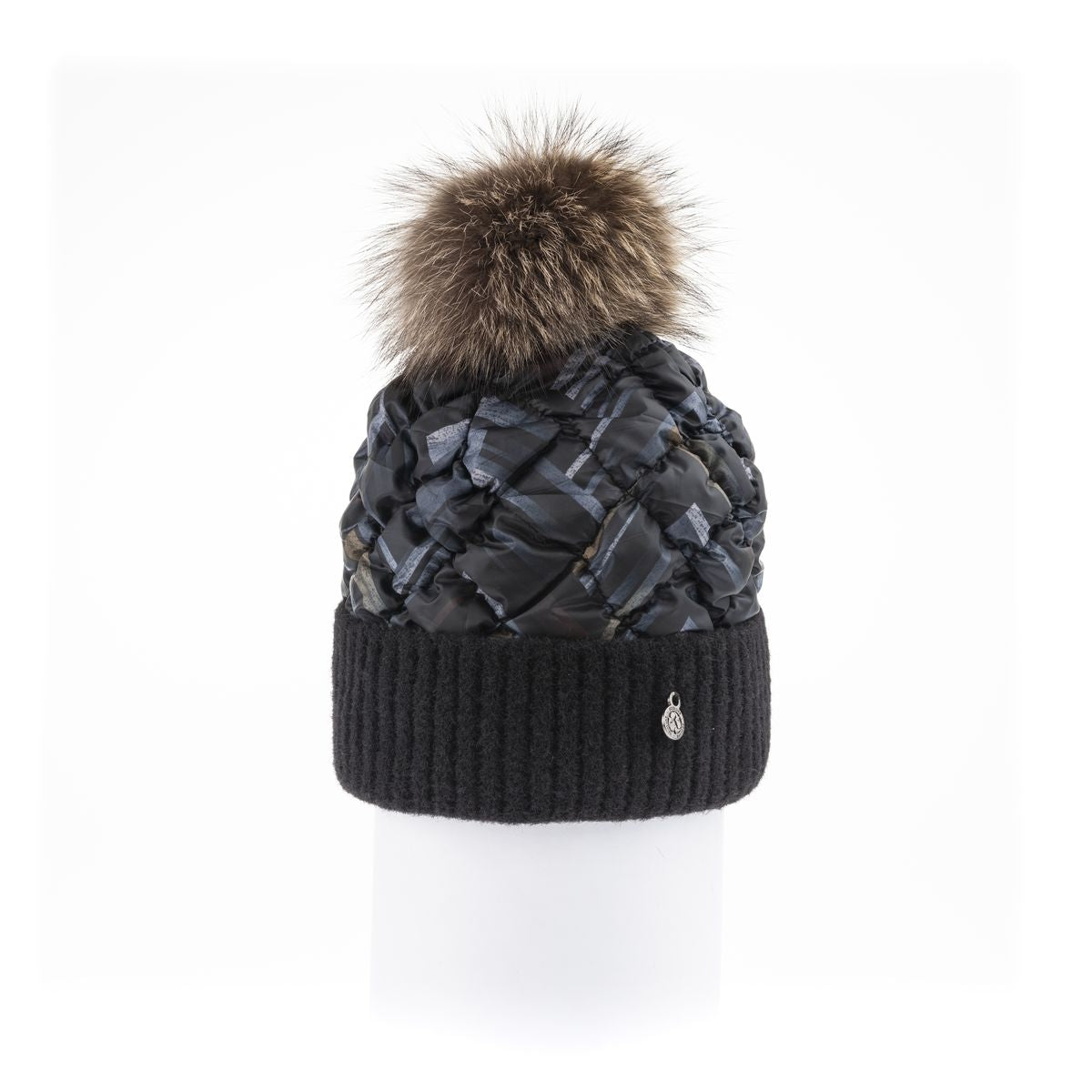 PUFFER BEANIE WITH KNITTED CUFF WITH UPCYCLED FUR POM GOLF  7900 GREY MIX ONE SIZE  